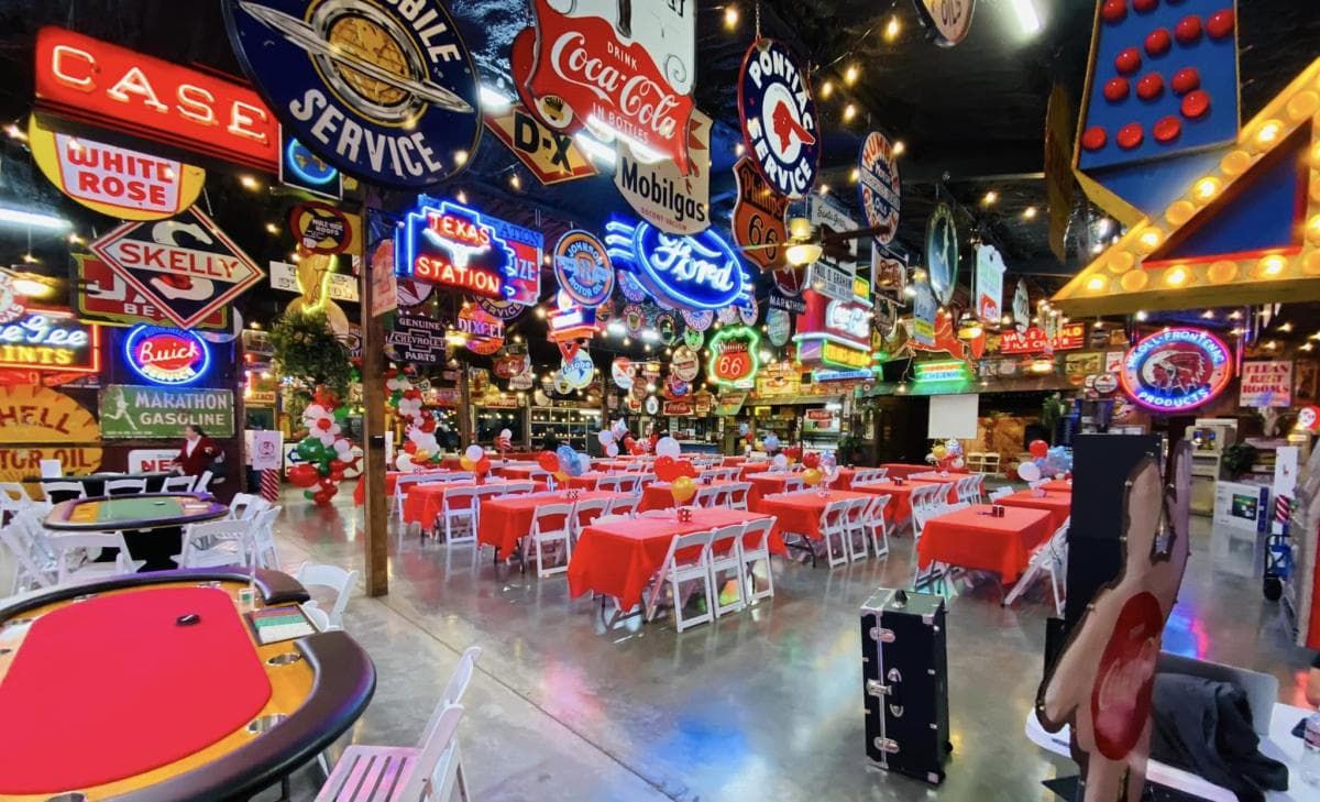 Venue interior showing vintage sign collection